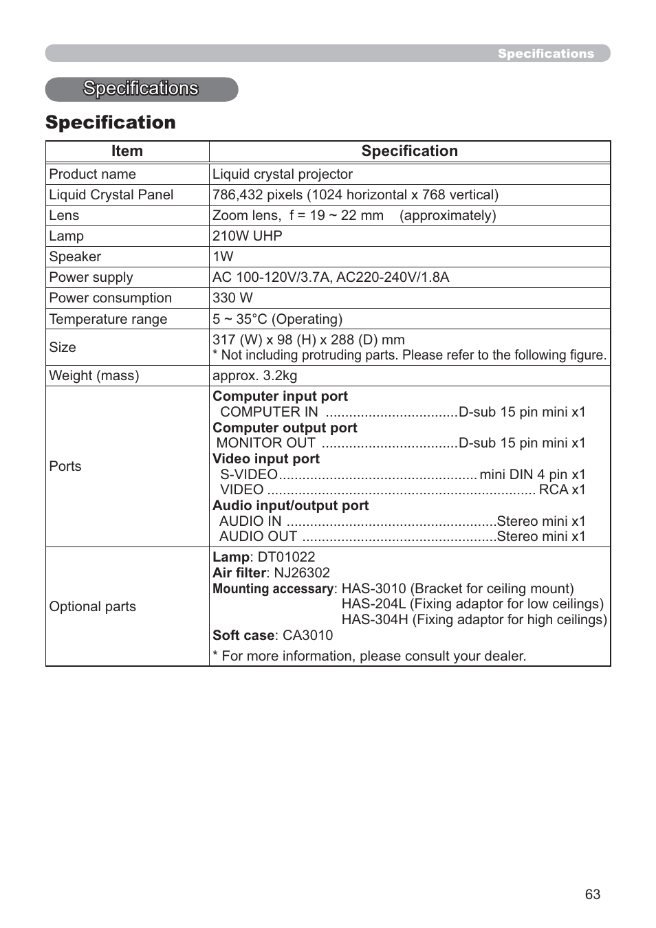 Speciﬁcations speciﬁcation | Hitachi CP-RX80 User Manual | Page 63 / 64