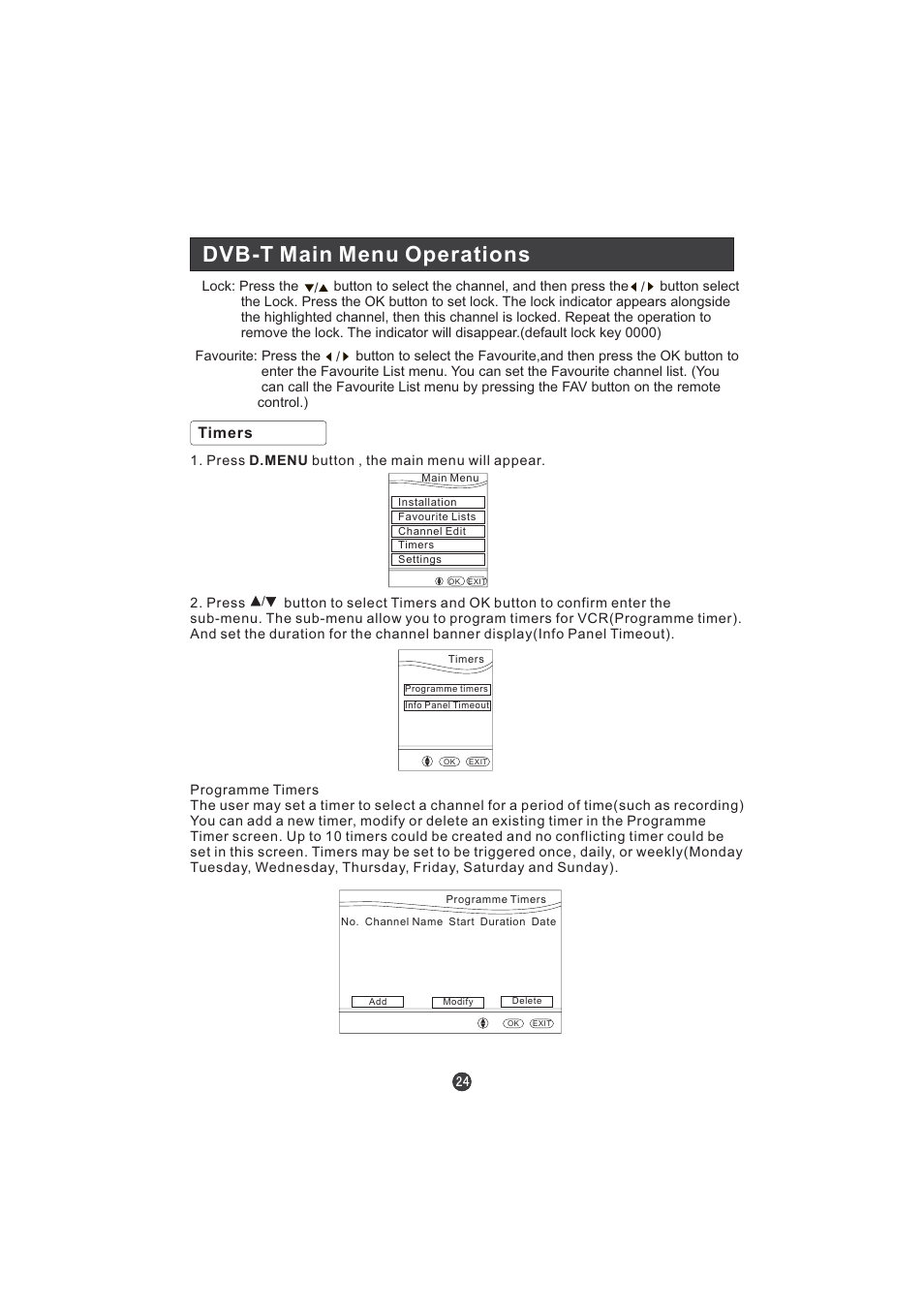 Dvb-t main menu operations, Timers | Hitachi L15TA11W User Manual | Page 26 / 88