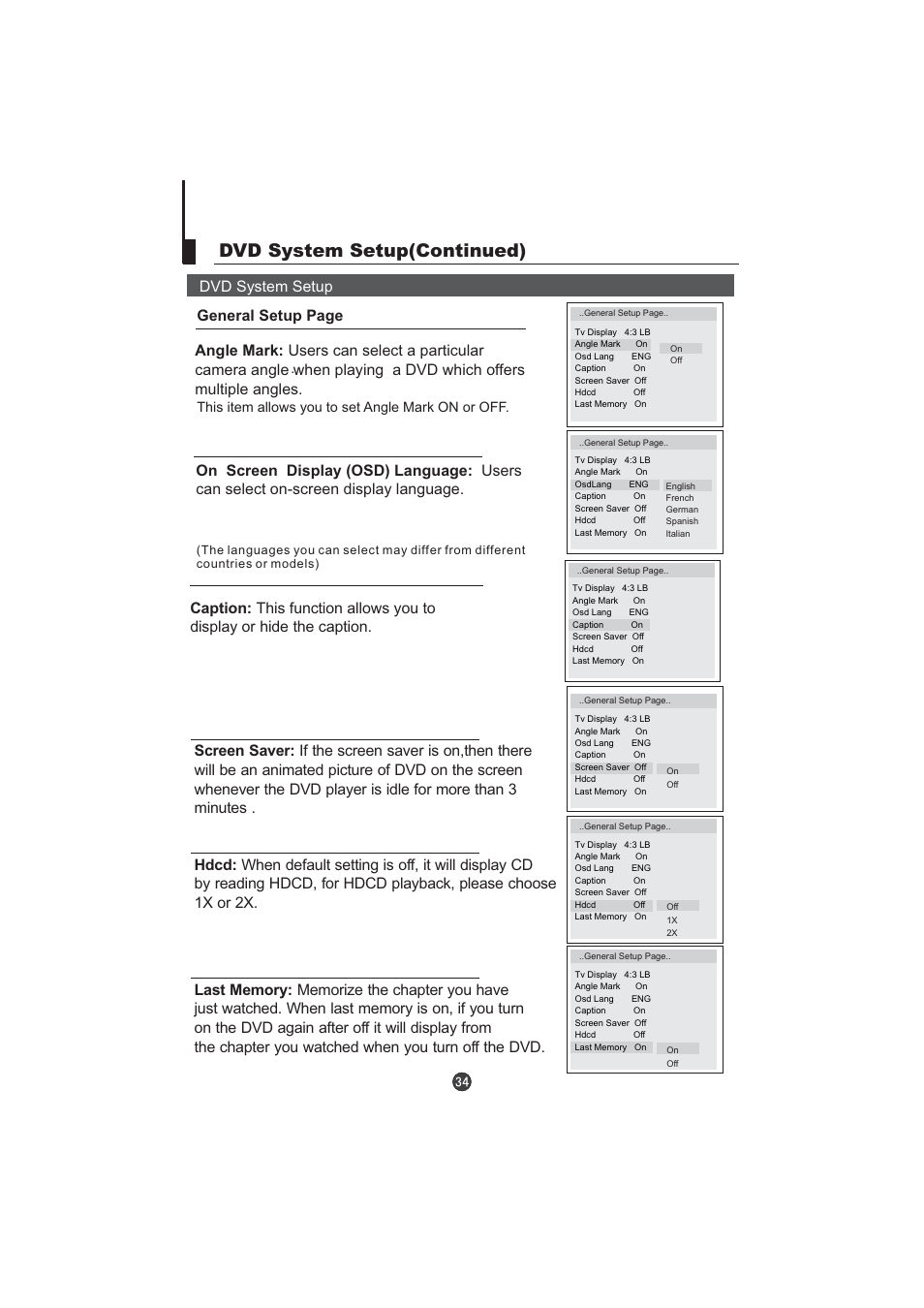 Dvd system setup(continued), This item allows you to set angle mark on or off | Hitachi L15TA11W User Manual | Page 36 / 88