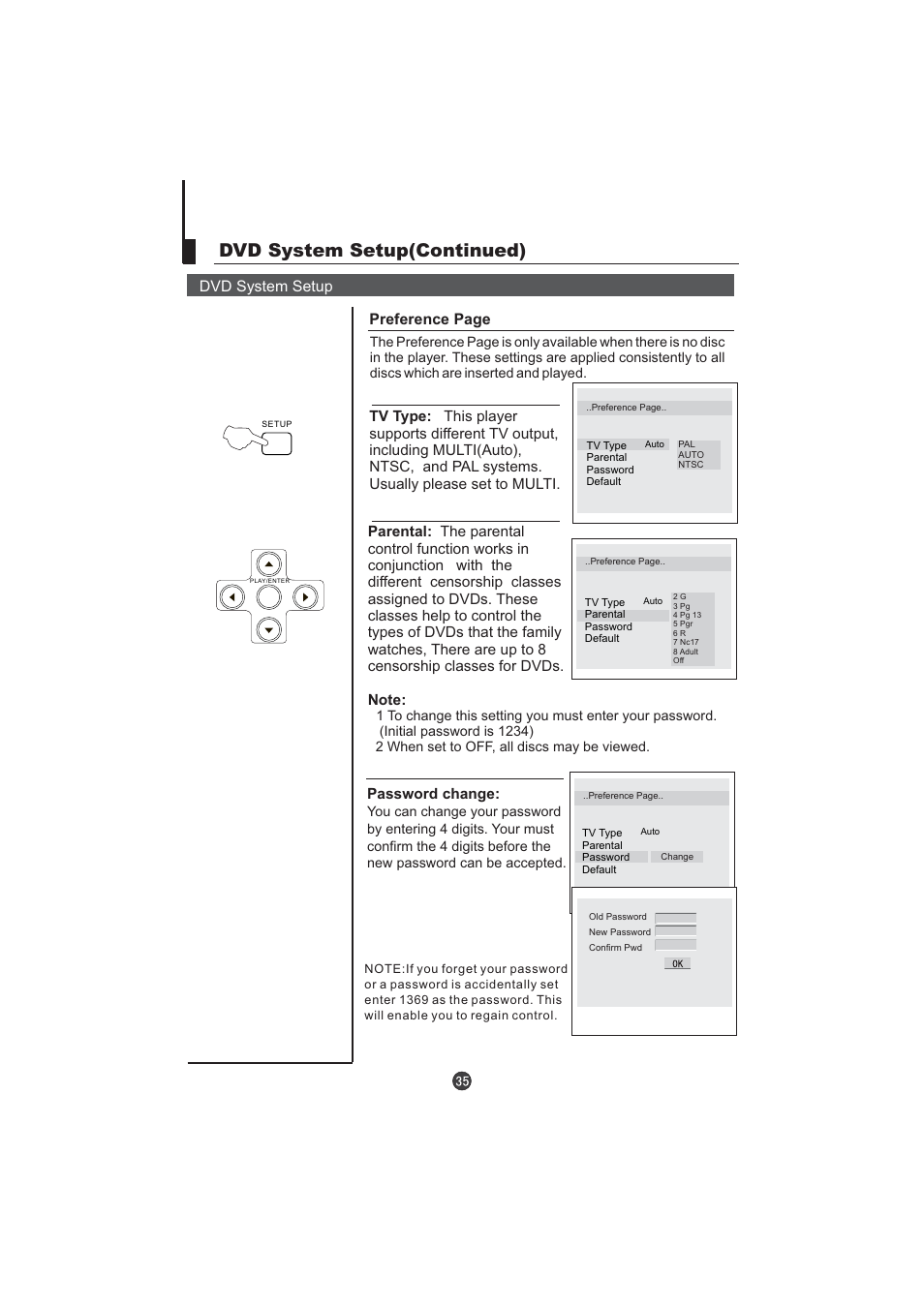 Dvd system setup(continued), Dvd system setup, Preference page | Hitachi L15TA11W User Manual | Page 37 / 88