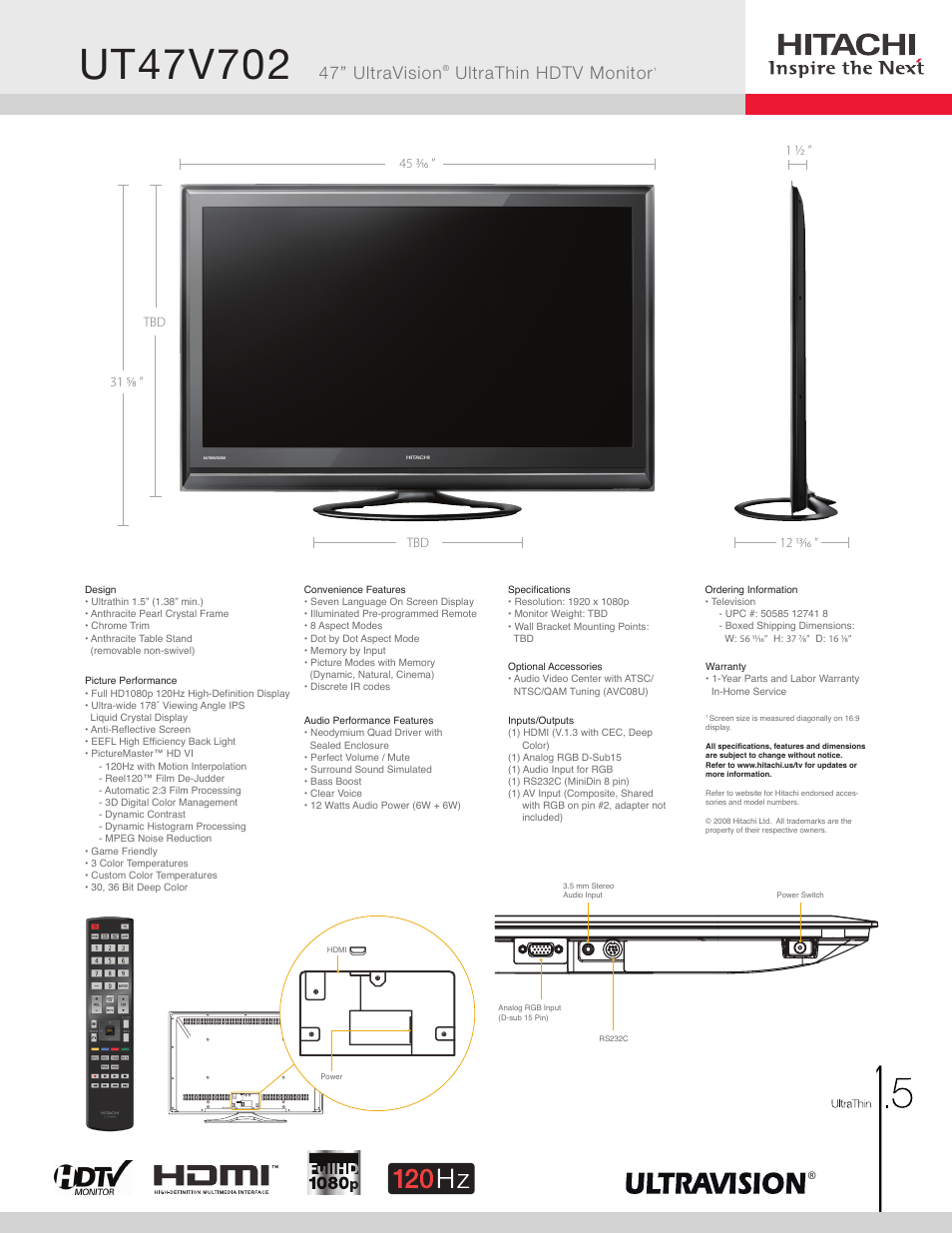 Hitachi UT47V702 User Manual | 1 page