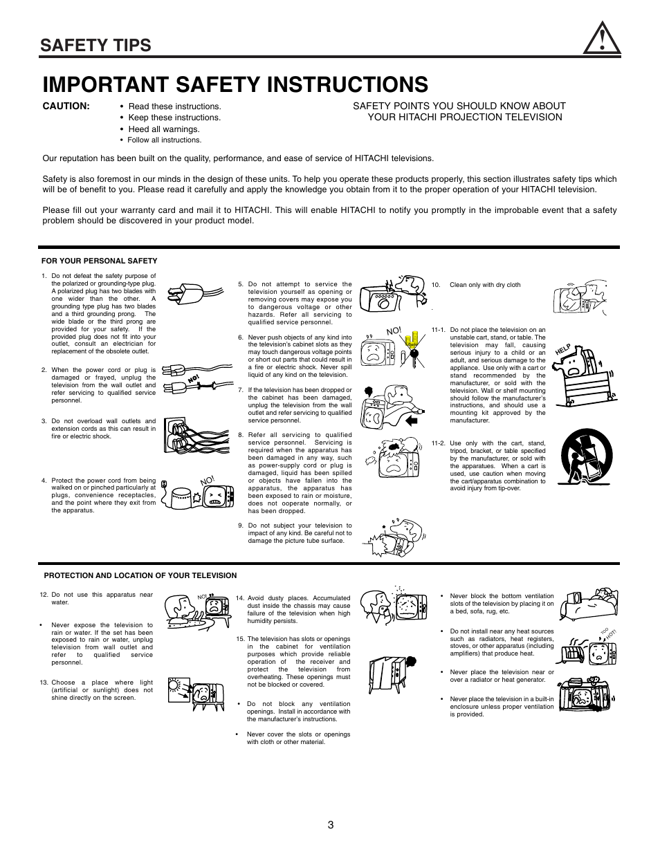Important safety instructions, Safety tips, Caution | Safety points you should know about, Your hitachi projection television | Hitachi 53UWX10BA User Manual | Page 3 / 76