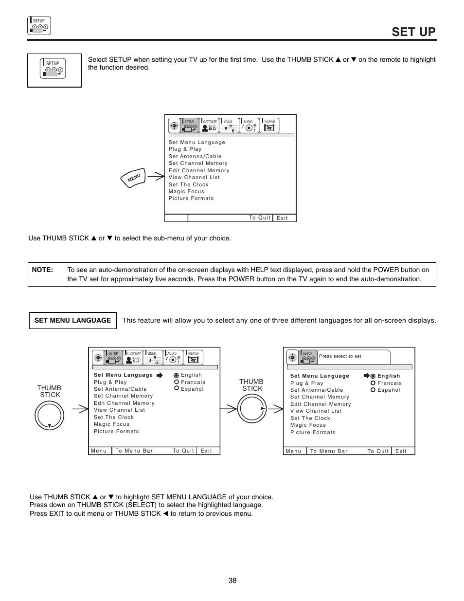 Set up | Hitachi 53UWX10BA User Manual | Page 38 / 76