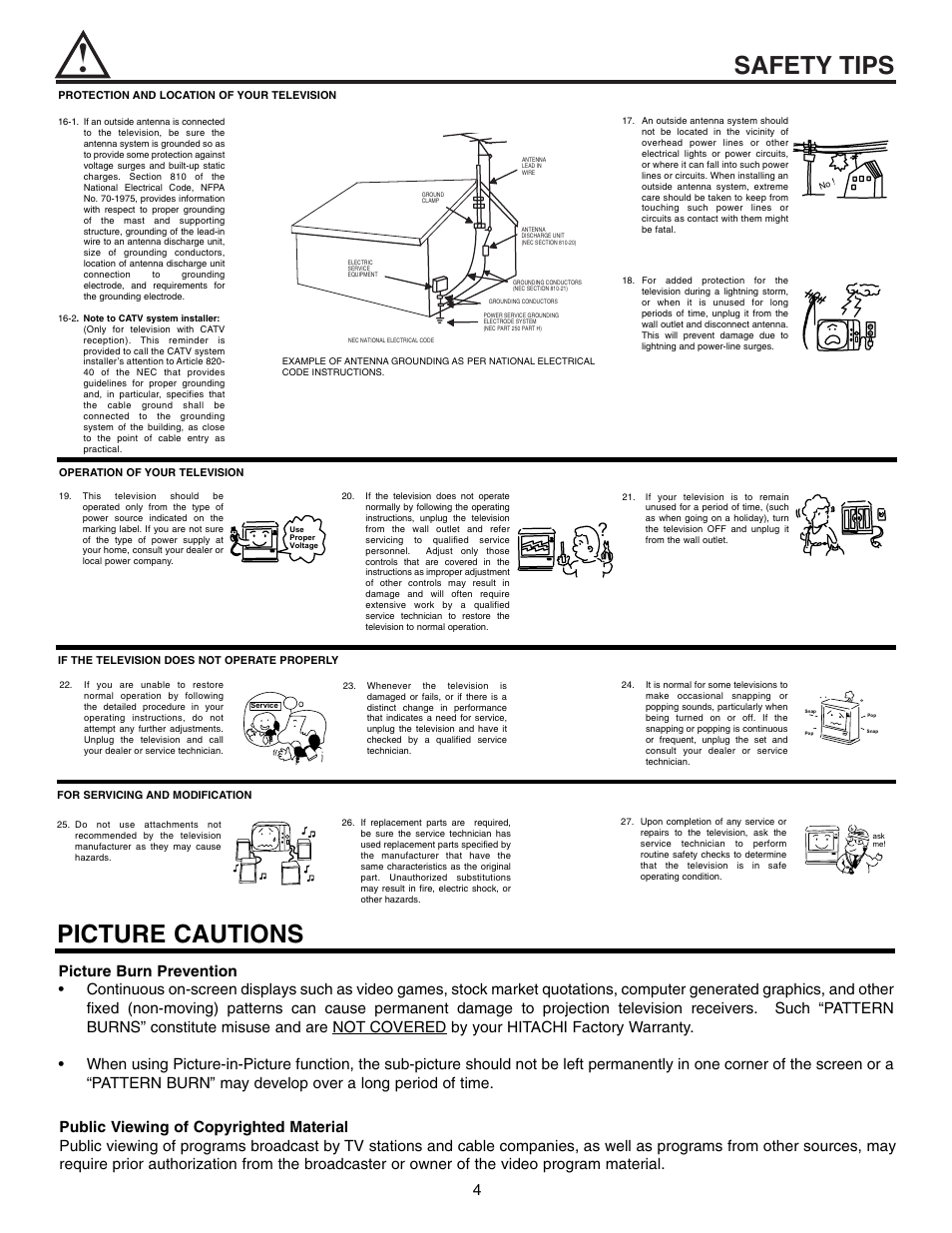Safety tips, Picture cautions | Hitachi 53UWX10BA User Manual | Page 4 / 76