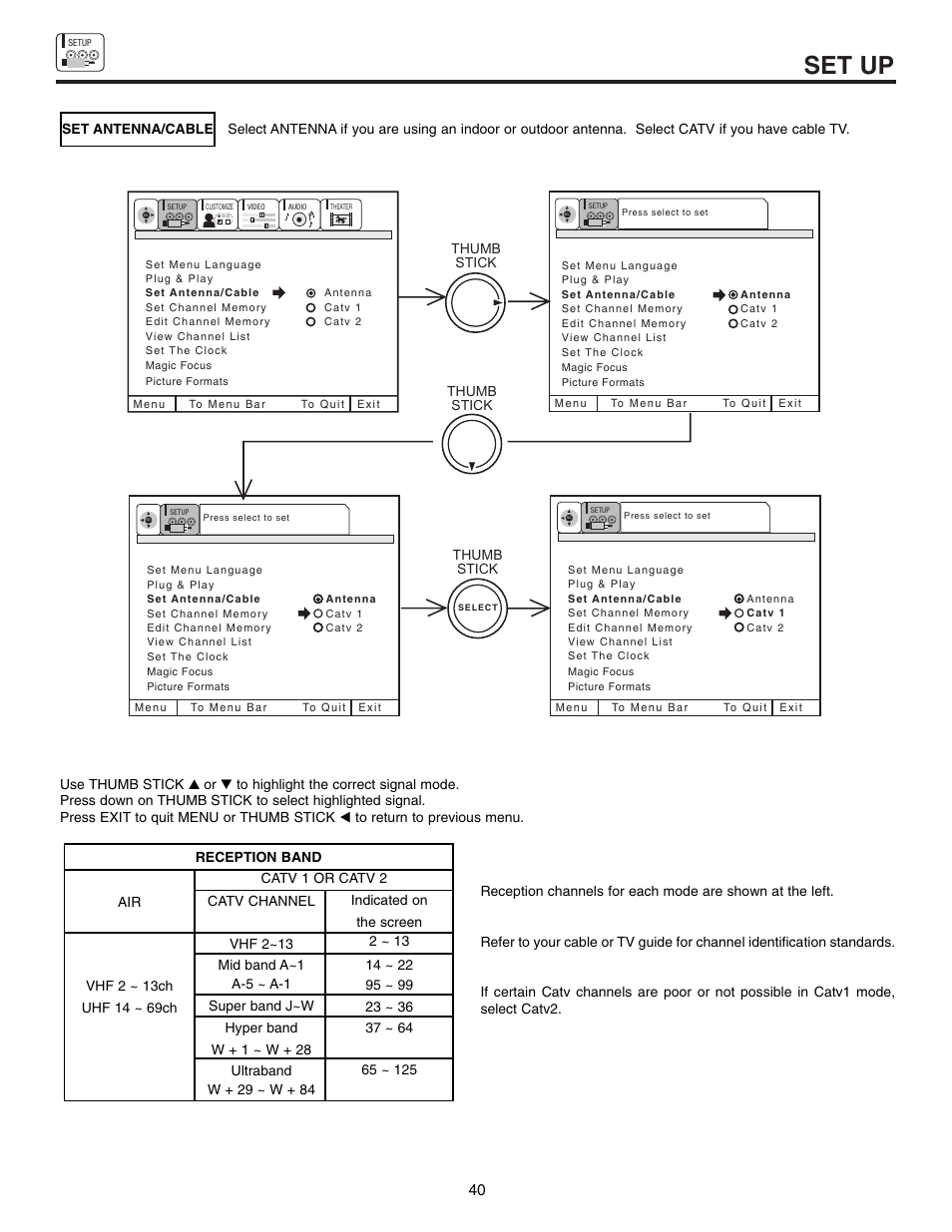 Set up | Hitachi 53UWX10BA User Manual | Page 40 / 76