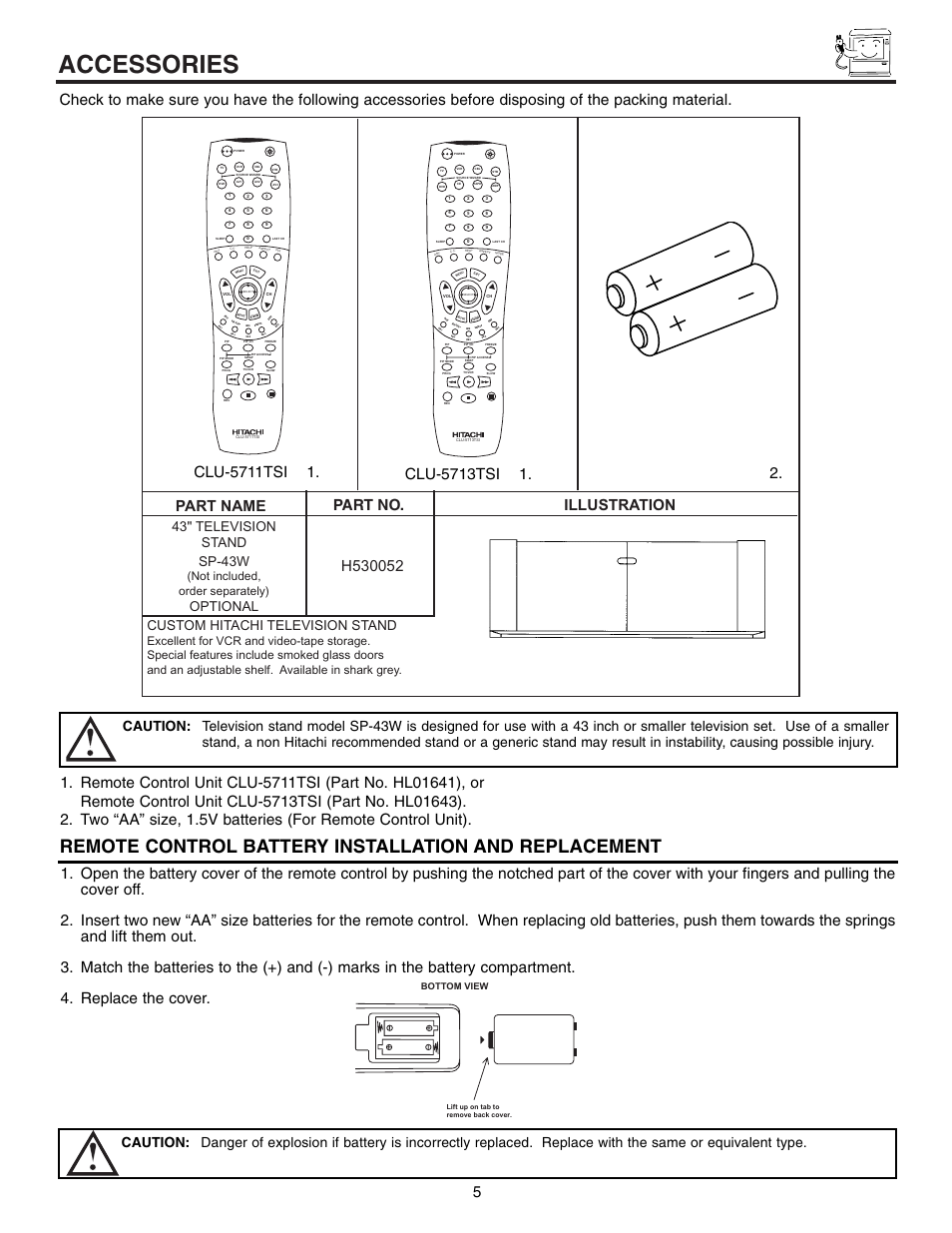 Accessories, Part name part no. illustration, 43" television stand sp-43w | Optional, Custom hitachi television stand, Not included, order separately), Bottom view | Hitachi 53UWX10BA User Manual | Page 5 / 76