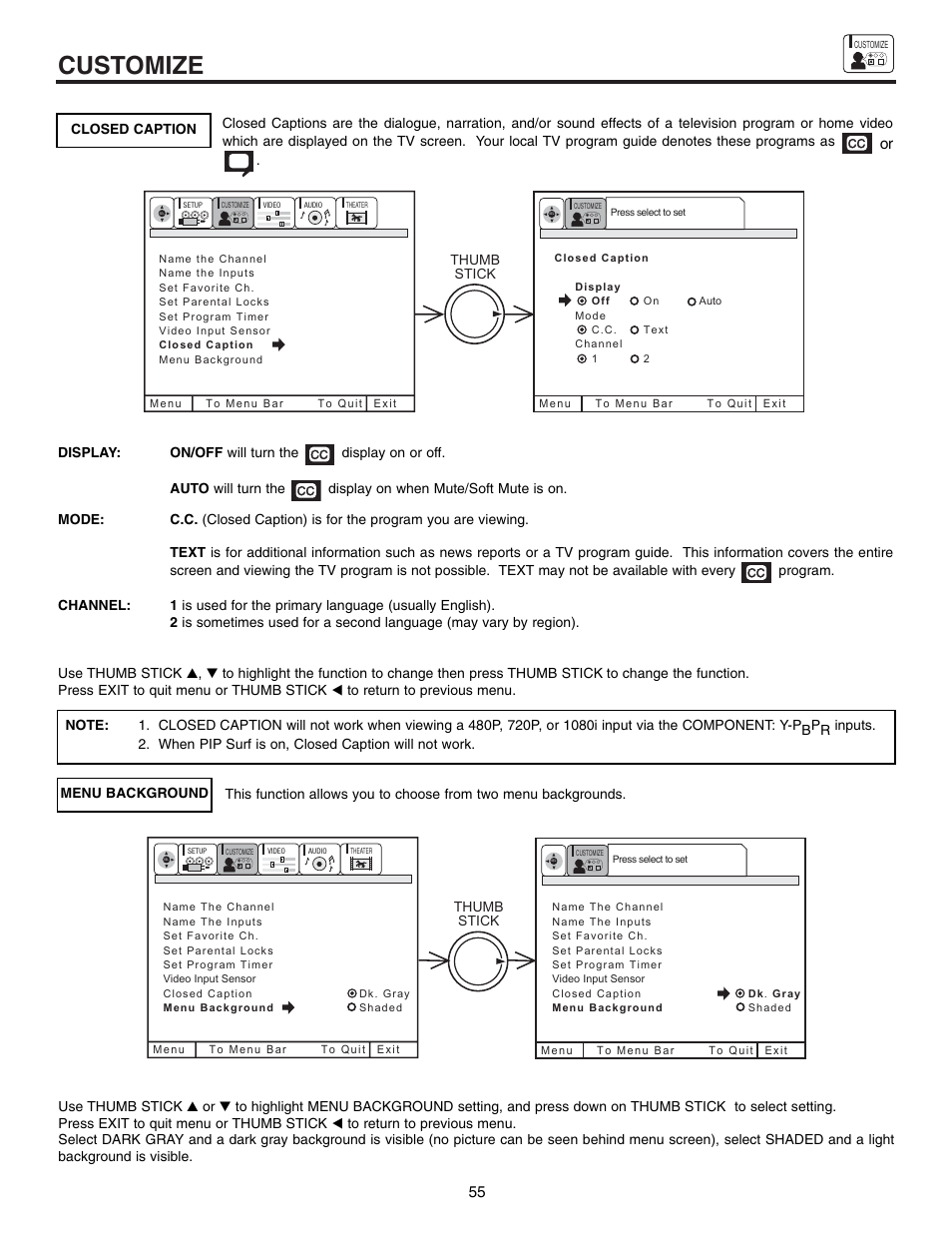 Customize | Hitachi 53UWX10BA User Manual | Page 55 / 76