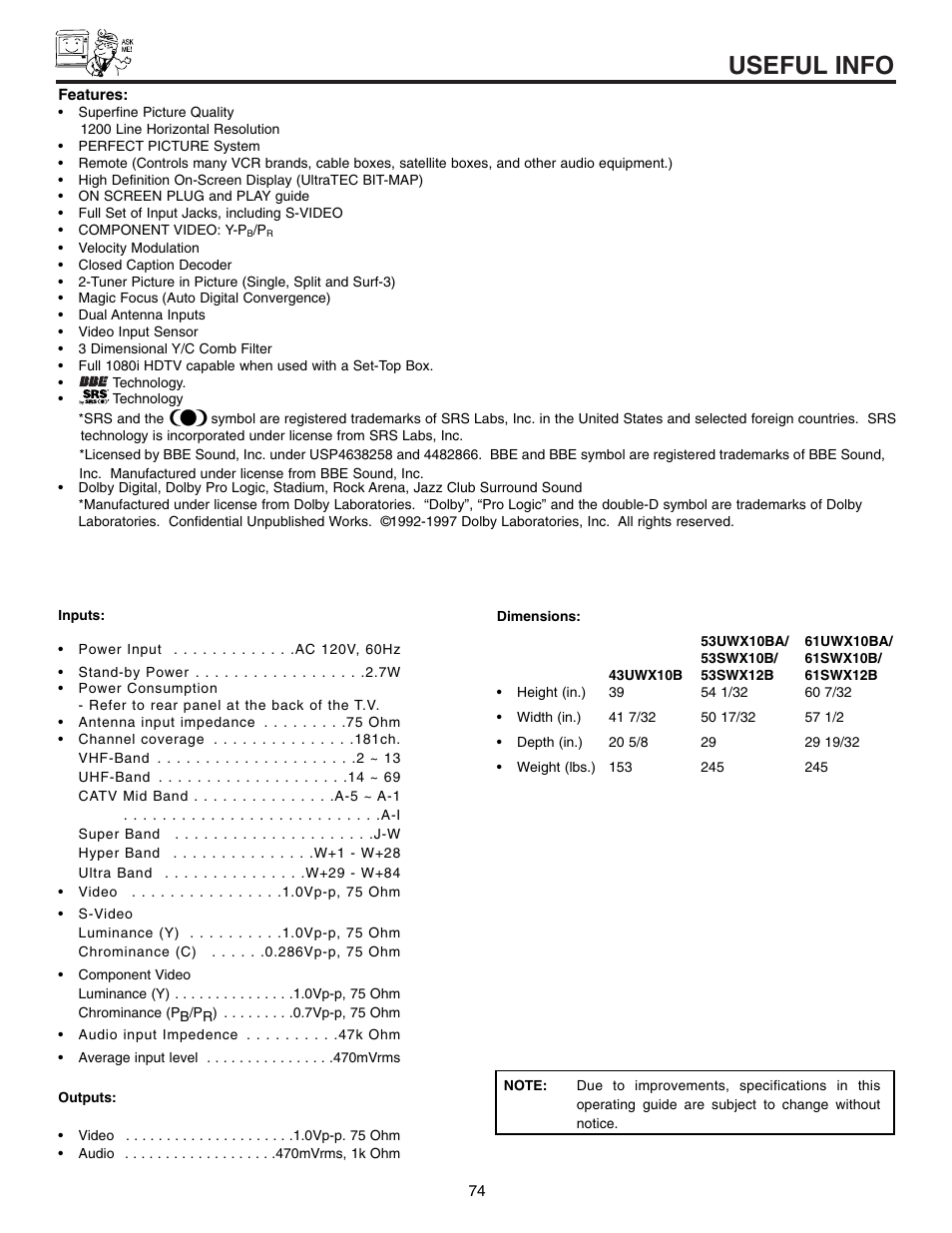 Useful info | Hitachi 53UWX10BA User Manual | Page 74 / 76