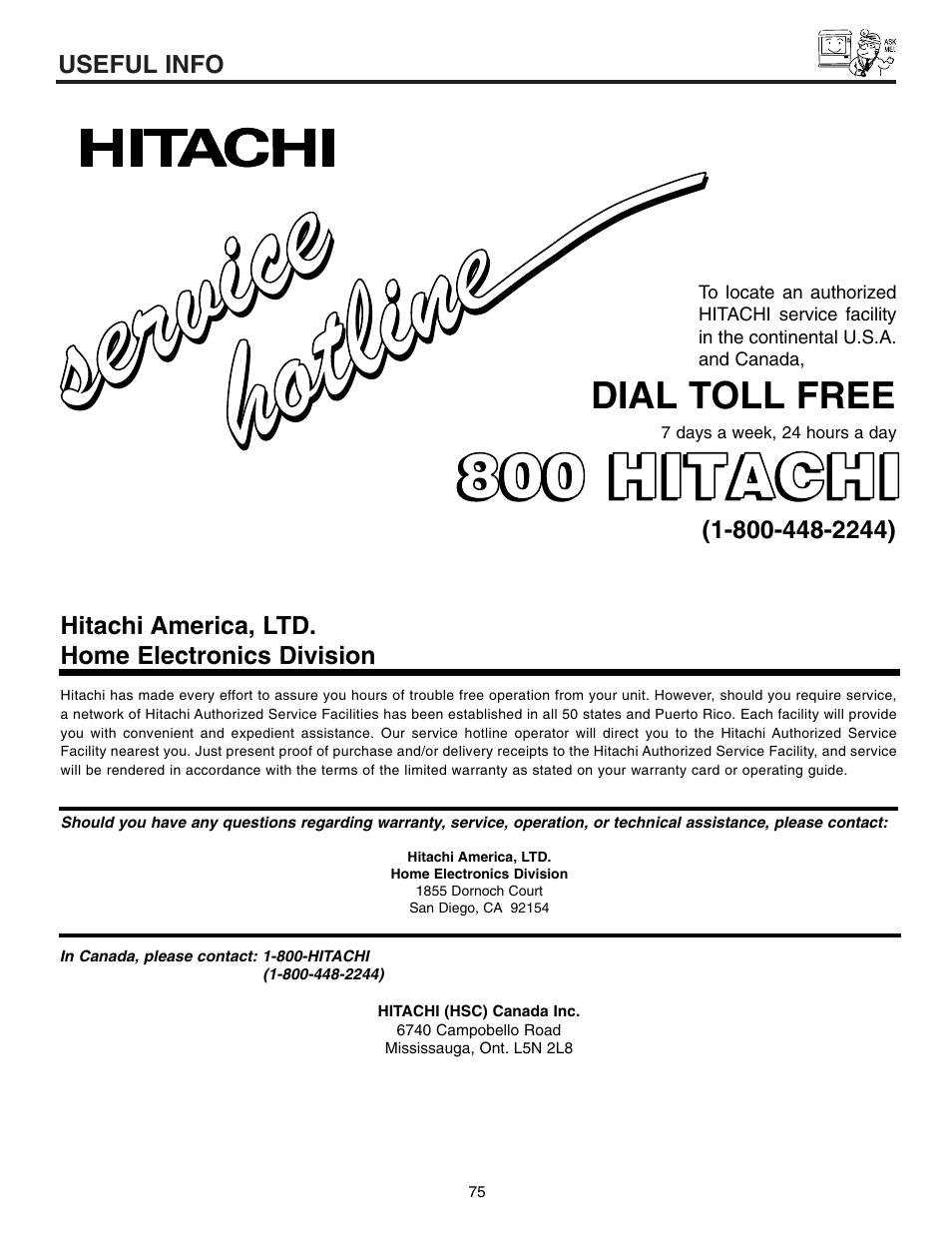 Service ser vic e, 800 hitachi | Hitachi 53UWX10BA User Manual | Page 75 / 76