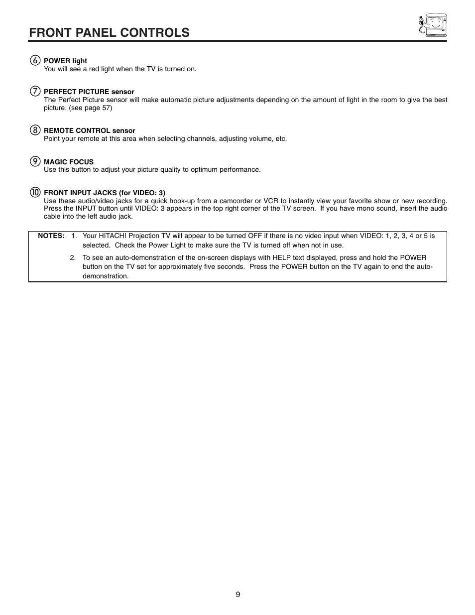 Front panel controls | Hitachi 53UWX10BA User Manual | Page 9 / 76