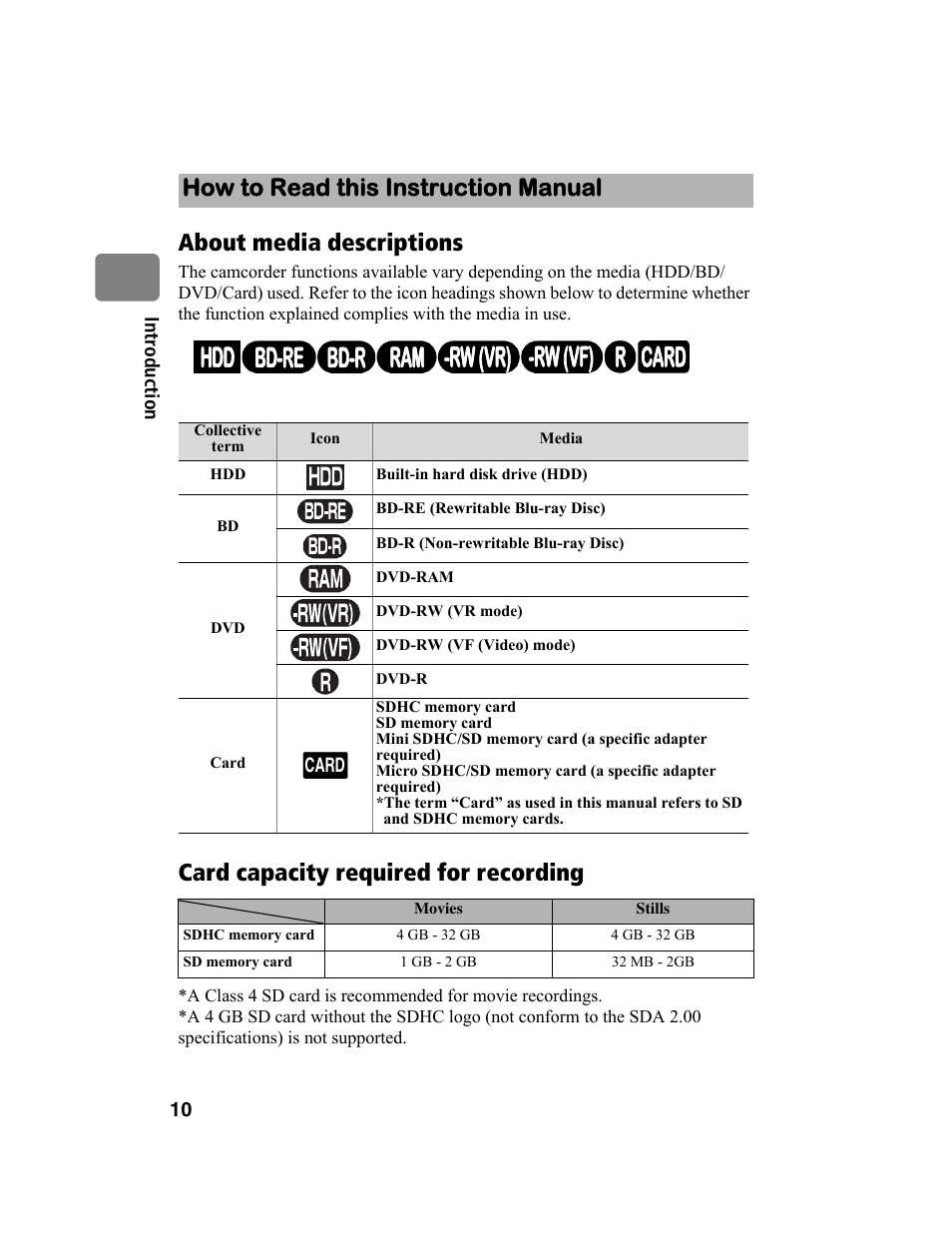 Hdd bd-r ram -rw (vr) r -rw (vf) bd-re card, About media descriptions, Card capacity required for recording | How to read this instruction manual | Hitachi DZ-BD10HA User Manual | Page 10 / 121
