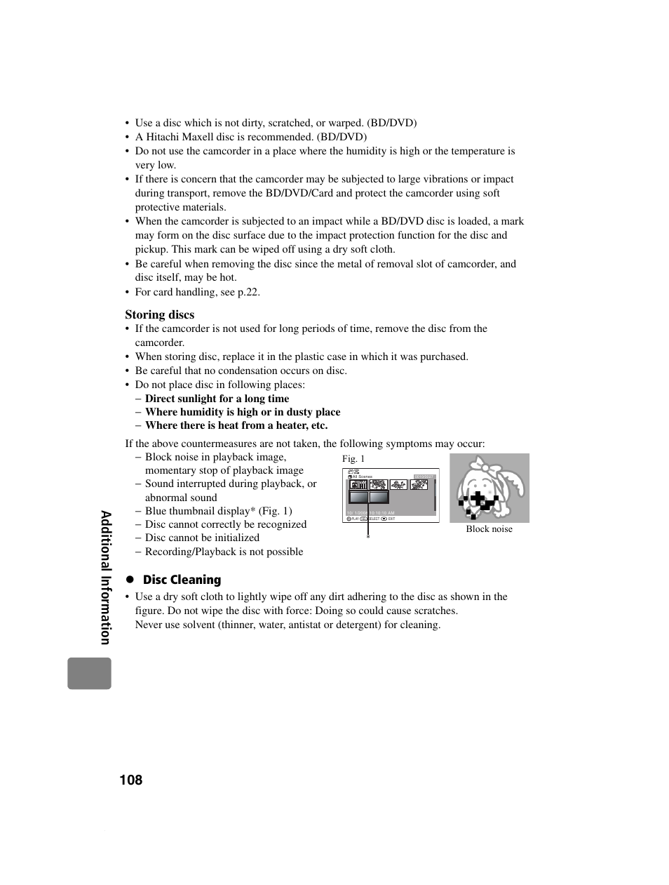 108 ad di ti on al i n fo rm a tio n, Storing discs, Z disc cleaning | Hitachi DZ-BD10HA User Manual | Page 108 / 121