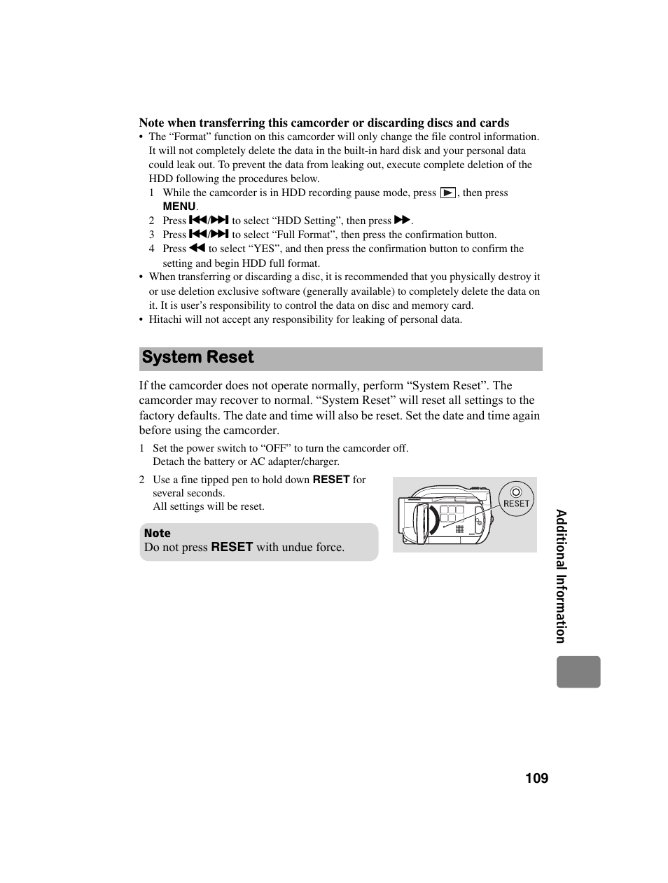 System reset | Hitachi DZ-BD10HA User Manual | Page 109 / 121
