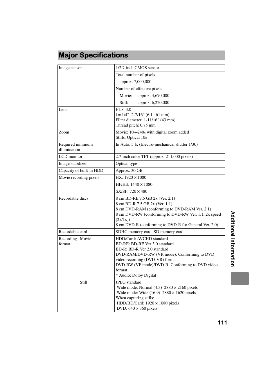Major specifications, 111 ad di ti on al i n fo rm a tio n | Hitachi DZ-BD10HA User Manual | Page 111 / 121