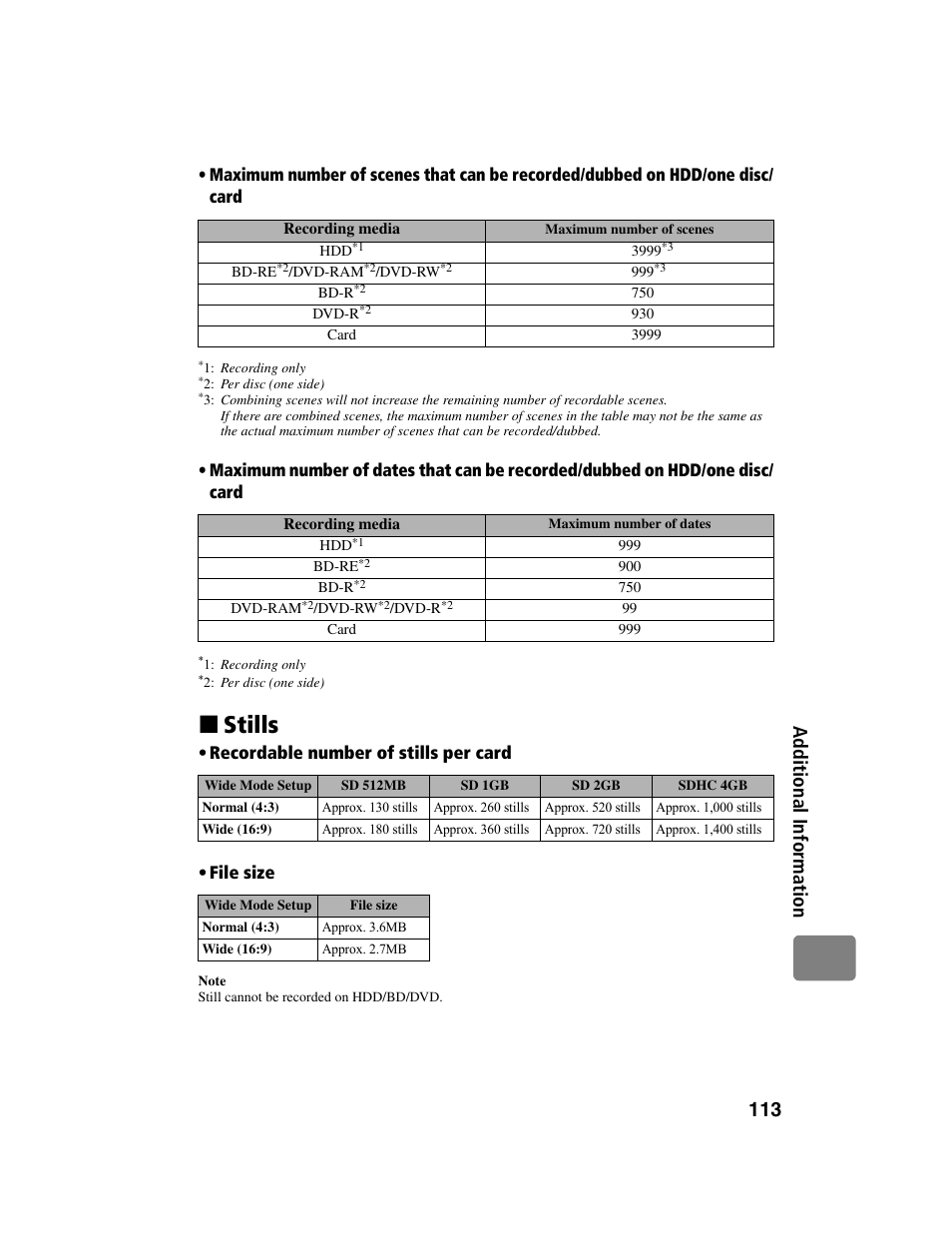 Stills, 113 ad di ti on al i n fo rm a tio n, Recordable number of stills per card • file size | Hitachi DZ-BD10HA User Manual | Page 113 / 121
