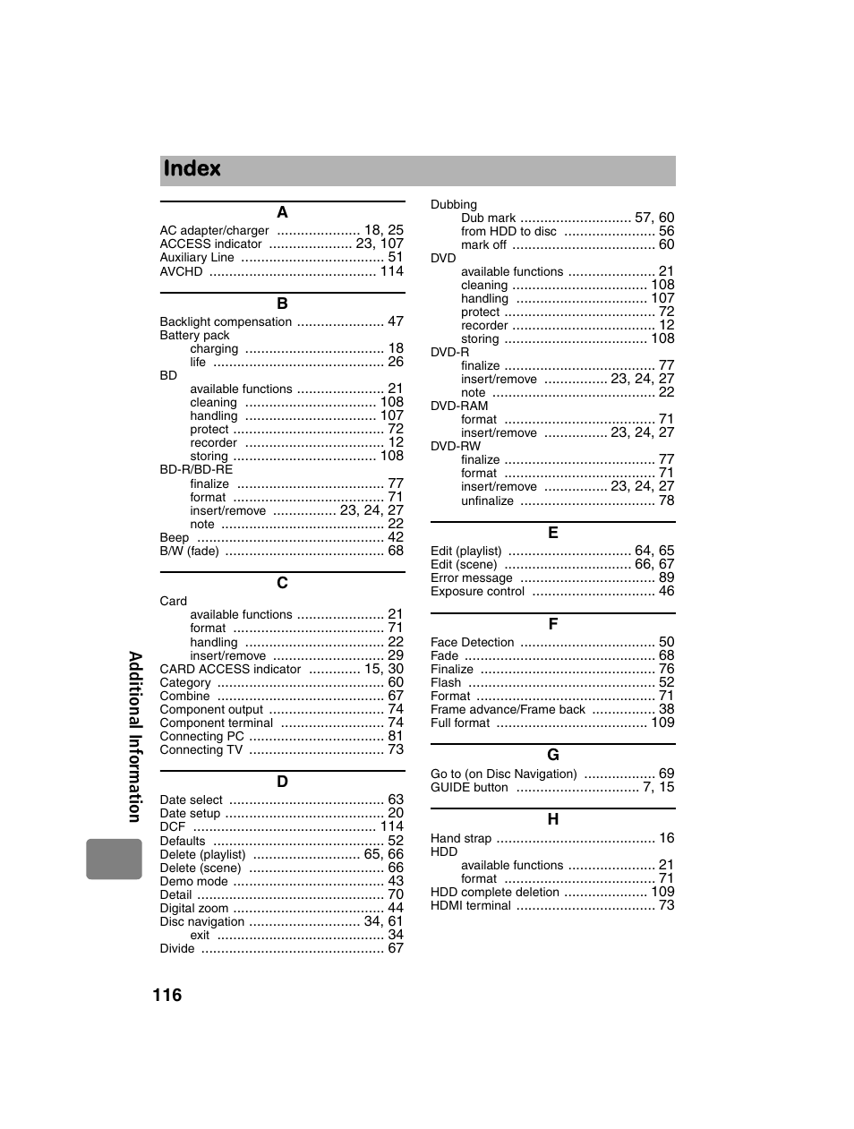 Index, 116 ad di ti on al i n fo rm a tio n | Hitachi DZ-BD10HA User Manual | Page 116 / 121
