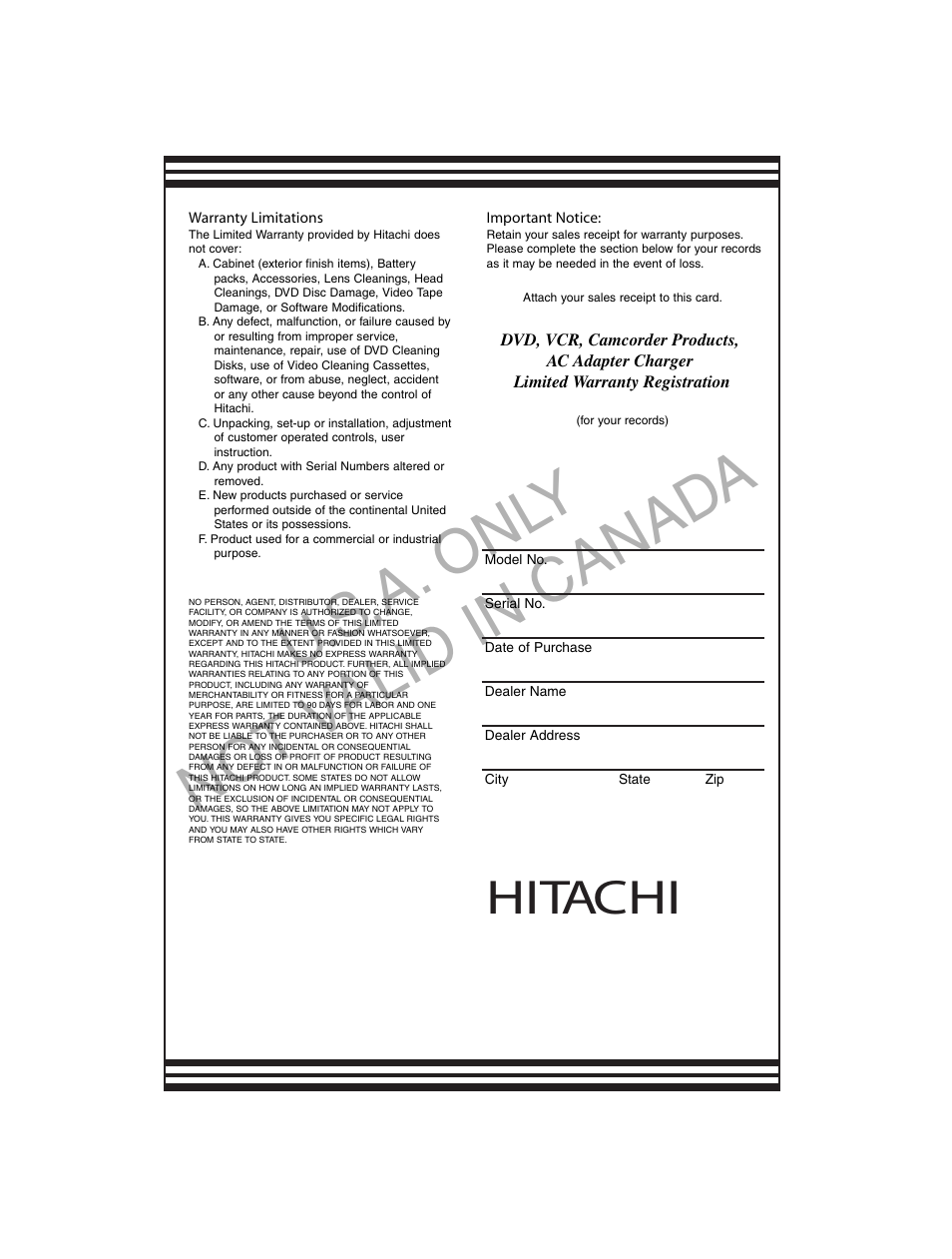 U.s .a. onl y no t v alid in canad a, Hitachi | Hitachi DZ-BD10HA User Manual | Page 120 / 121