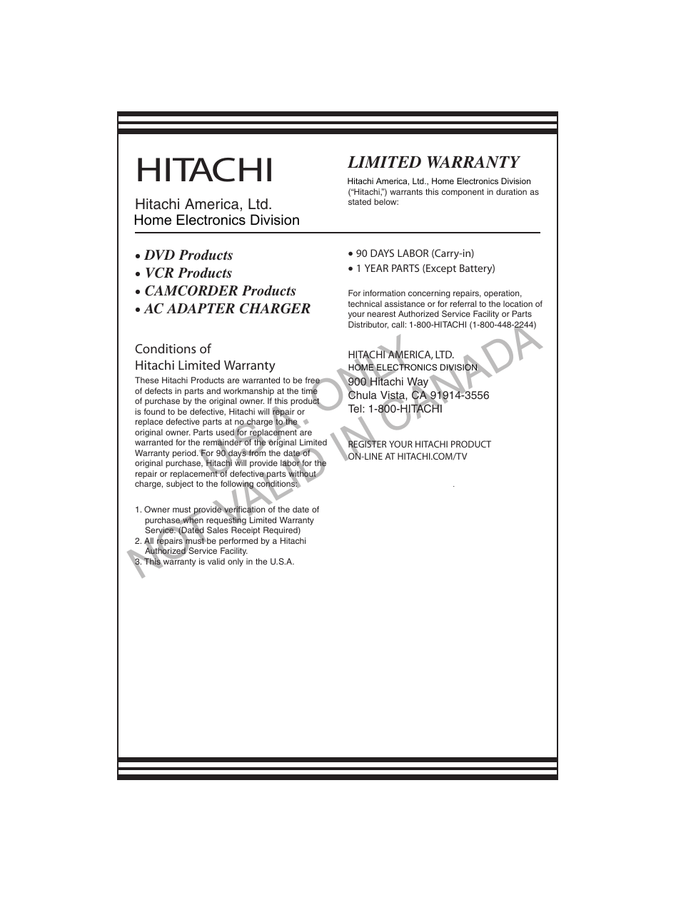 U.s .a. onl y no t v alid in canad a, Hitachi | Hitachi DZ-BD10HA User Manual | Page 121 / 121