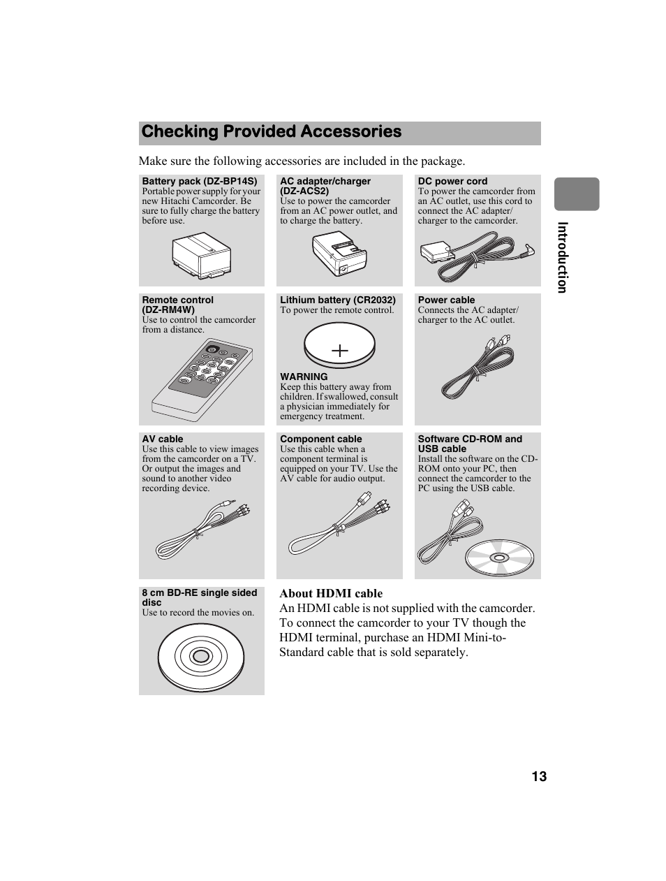 Checking provided accessories, 13 in tr od uctio n | Hitachi DZ-BD10HA User Manual | Page 13 / 121