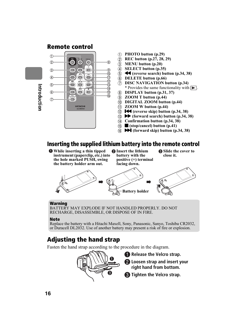 Adjusting the hand strap, 16 in tr od uctio n | Hitachi DZ-BD10HA User Manual | Page 16 / 121