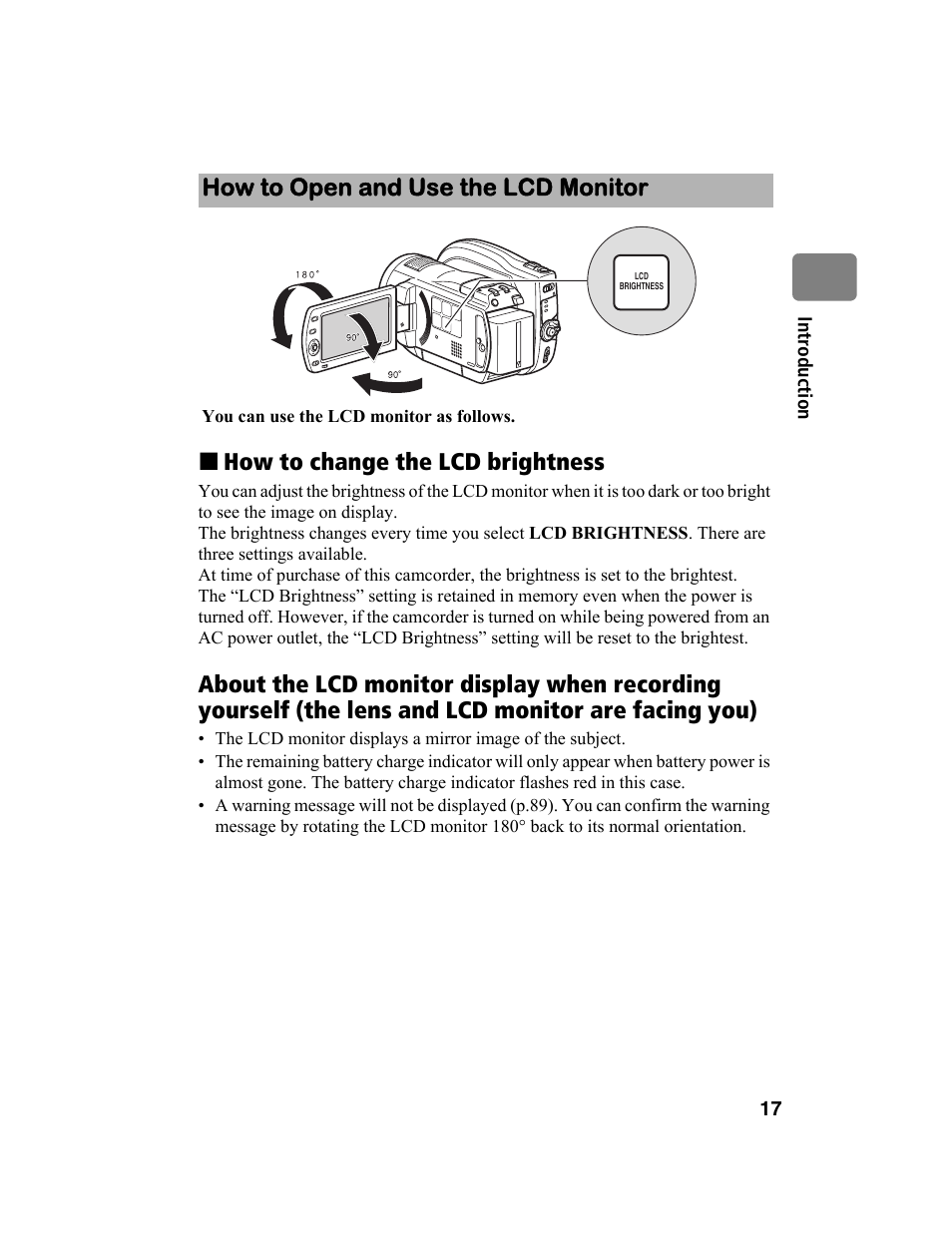 How to change the lcd brightness, How to open and use the lcd monitor | Hitachi DZ-BD10HA User Manual | Page 17 / 121