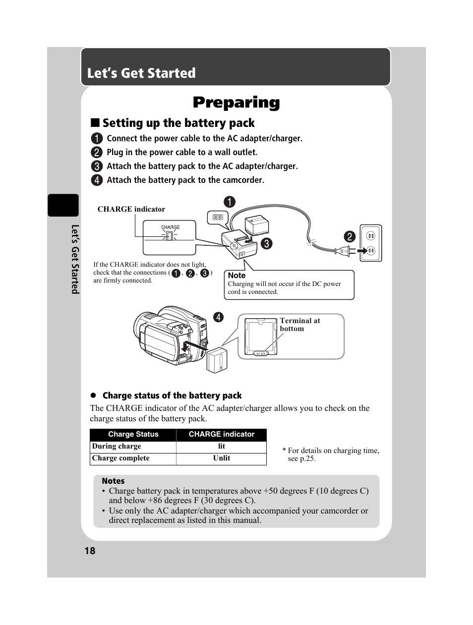 Preparing, Let’s get started, Setting up the battery pack | Hitachi DZ-BD10HA User Manual | Page 18 / 121