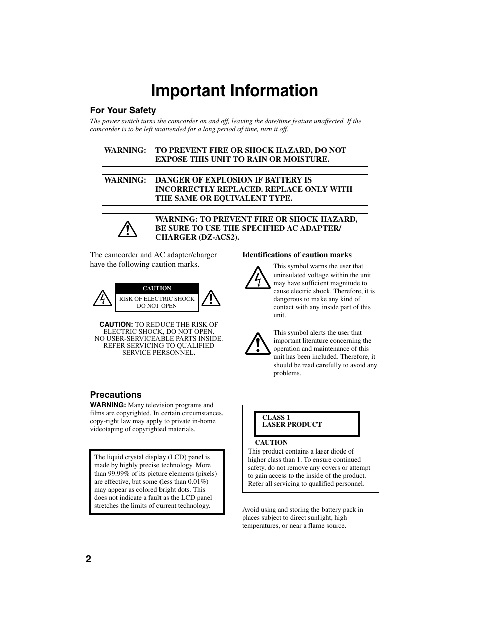 Important information, For your safety, Precautions | Hitachi DZ-BD10HA User Manual | Page 2 / 121