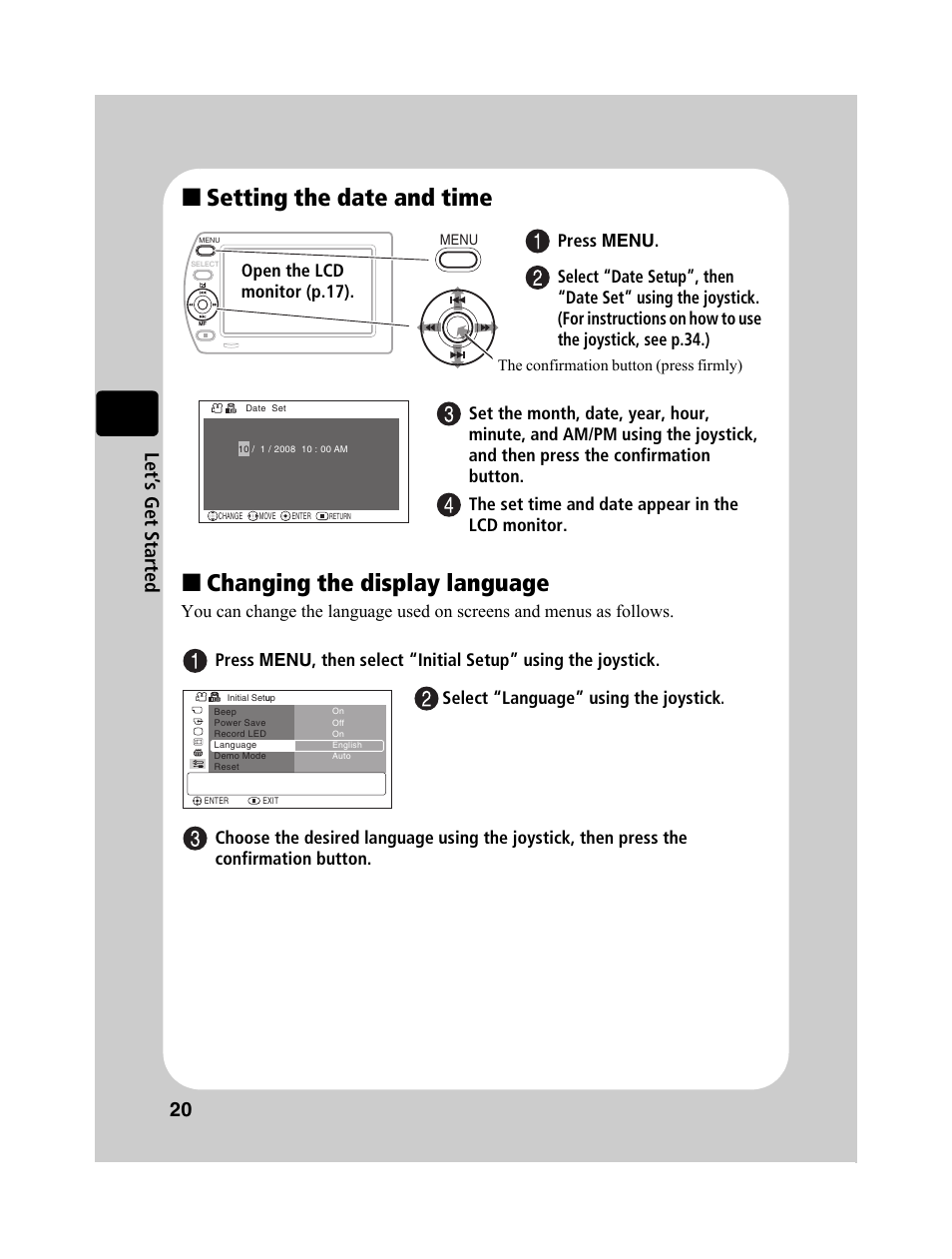 20 le t’ s ge t st ar ted, Select “language” using the joystick | Hitachi DZ-BD10HA User Manual | Page 20 / 121