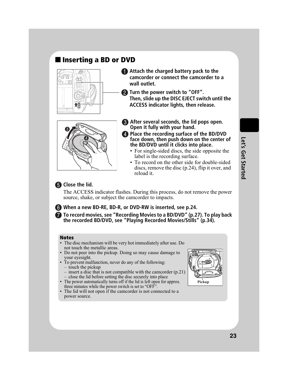 Inserting a bd or dvd, 23 le t’ s ge t st ar ted | Hitachi DZ-BD10HA User Manual | Page 23 / 121