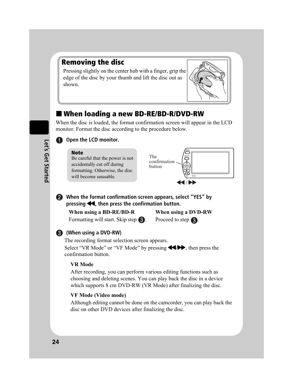 When loading a new bd-re/bd-r/dvd-rw, Removing the disc | Hitachi DZ-BD10HA User Manual | Page 24 / 121