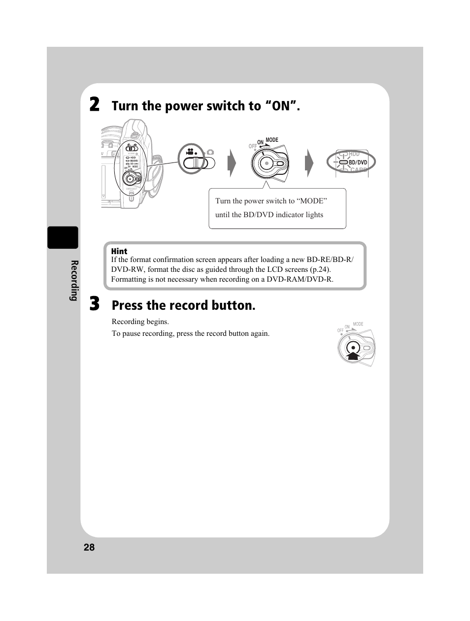 Turn the power switch to “on, Press the record button, 28 reco rd in g | Hitachi DZ-BD10HA User Manual | Page 28 / 121