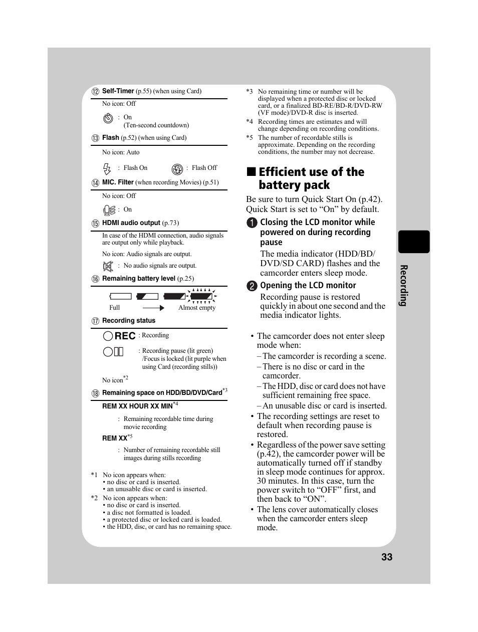 Efficient use of the battery pack, 33 reco rd in g | Hitachi DZ-BD10HA User Manual | Page 33 / 121
