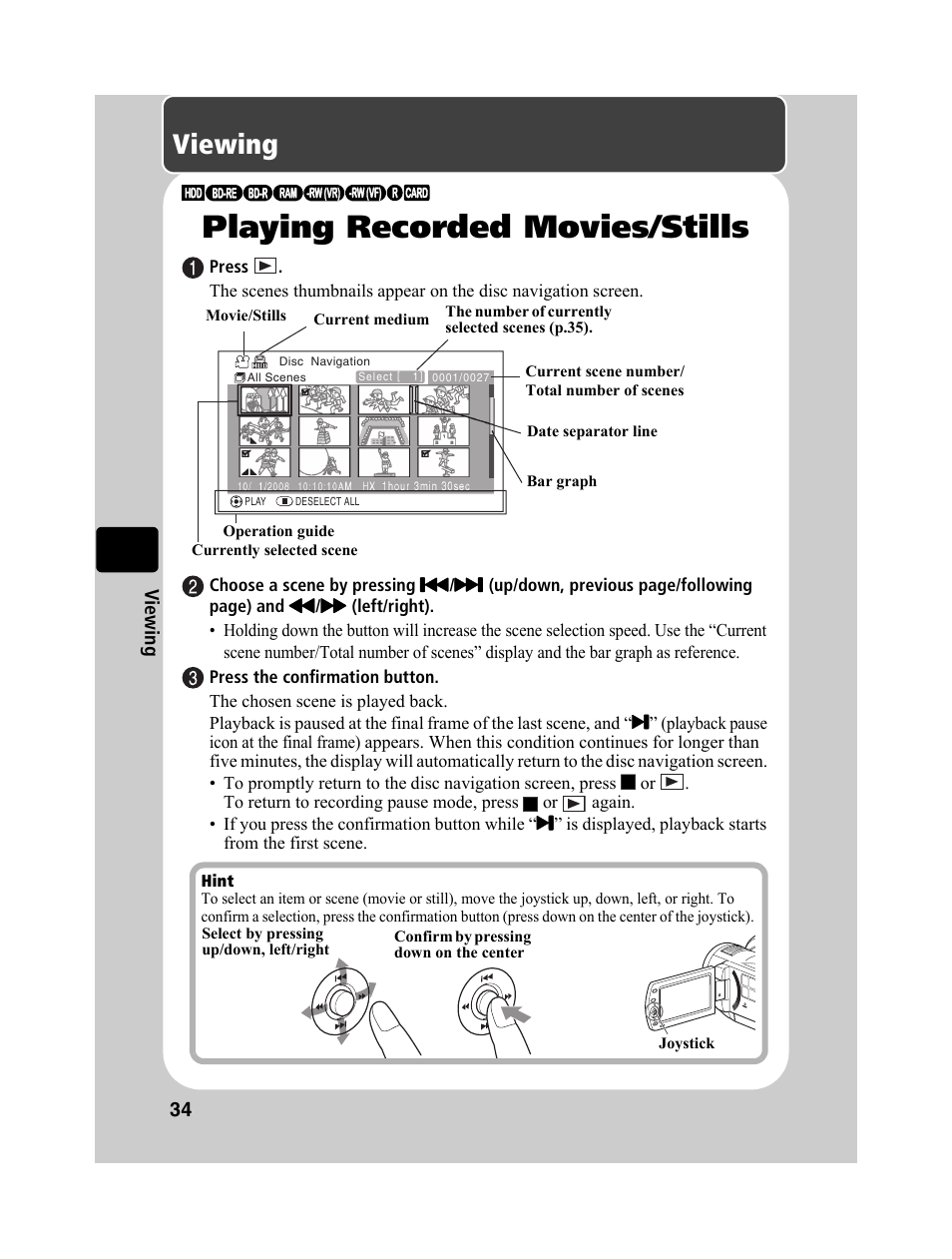 Playing recorded movies/stills, Viewing | Hitachi DZ-BD10HA User Manual | Page 34 / 121