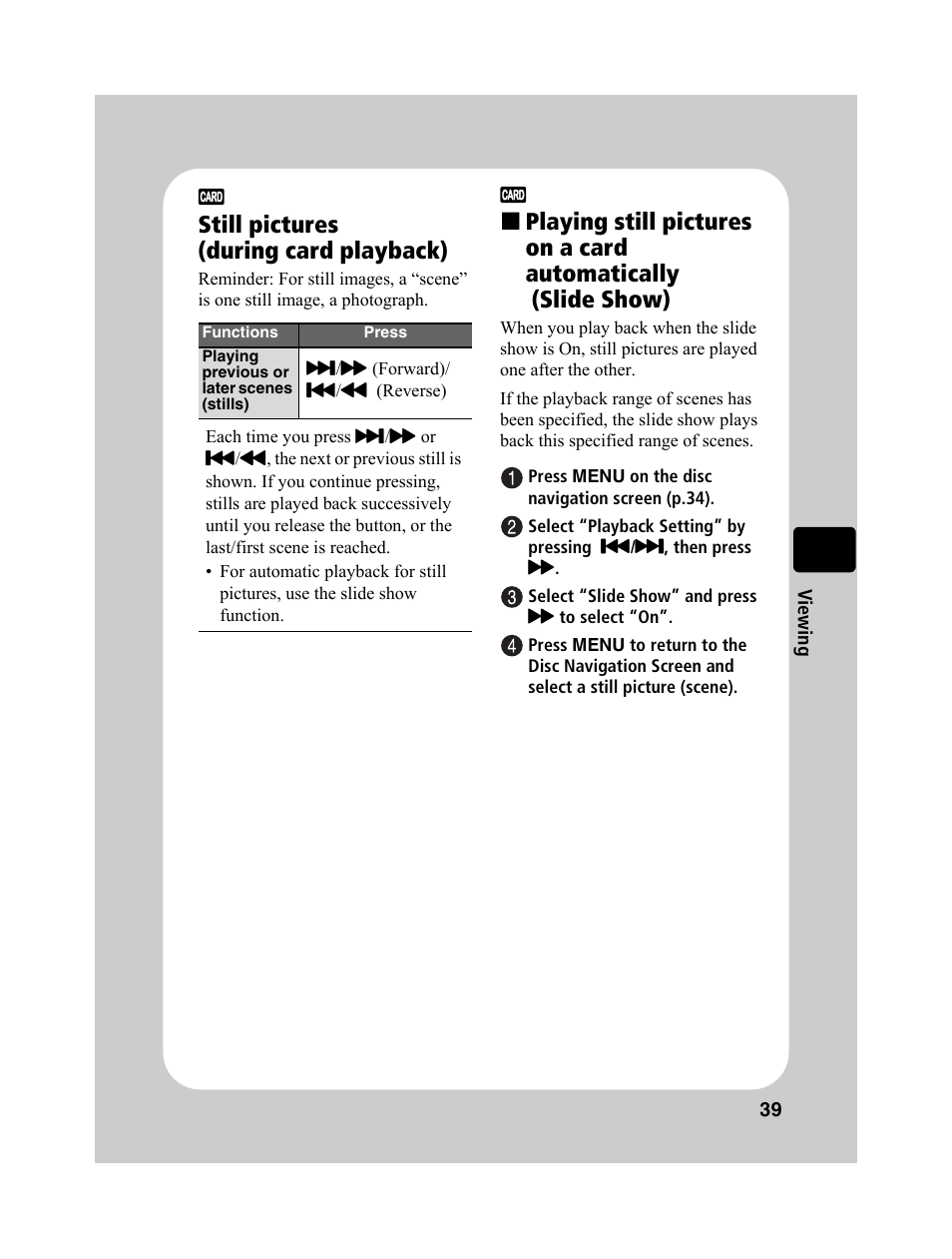 Still pictures (during card playback) | Hitachi DZ-BD10HA User Manual | Page 39 / 121