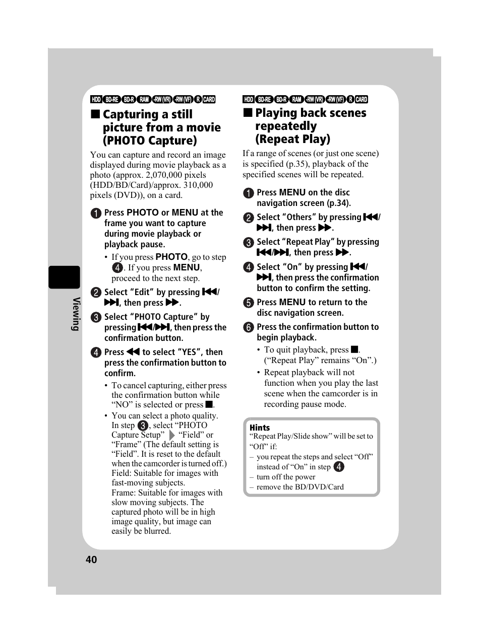 Playing back scenes repeatedly (repeat play) | Hitachi DZ-BD10HA User Manual | Page 40 / 121