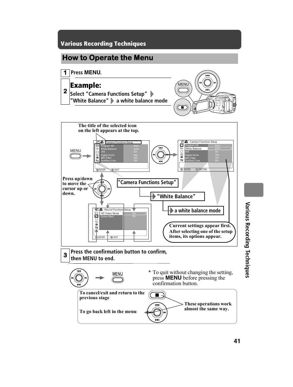 How to operate the menu, Example, 41 v a rious recor d ing te chniques | Various recording techniques, Press menu | Hitachi DZ-BD10HA User Manual | Page 41 / 121