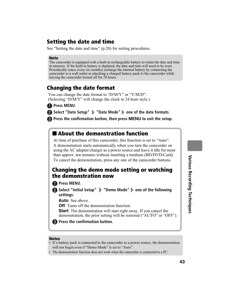 Setting the date and time, Changing the date format, About the demonstration function | Hitachi DZ-BD10HA User Manual | Page 43 / 121
