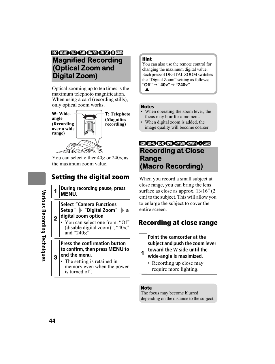 Recording at close range (macro recording) | Hitachi DZ-BD10HA User Manual | Page 44 / 121