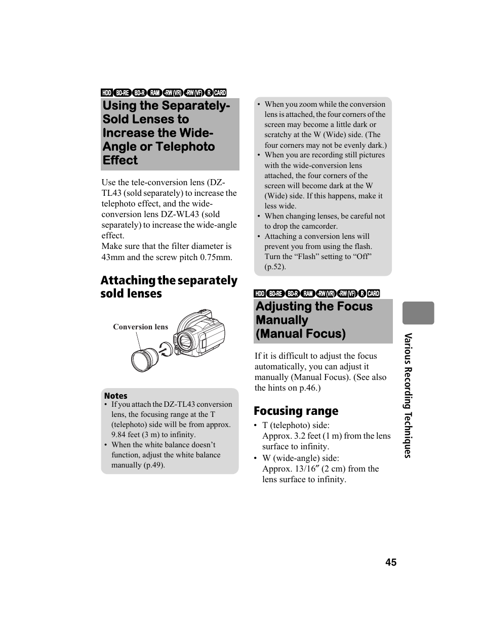 Adjusting the focus manually (manual focus) | Hitachi DZ-BD10HA User Manual | Page 45 / 121