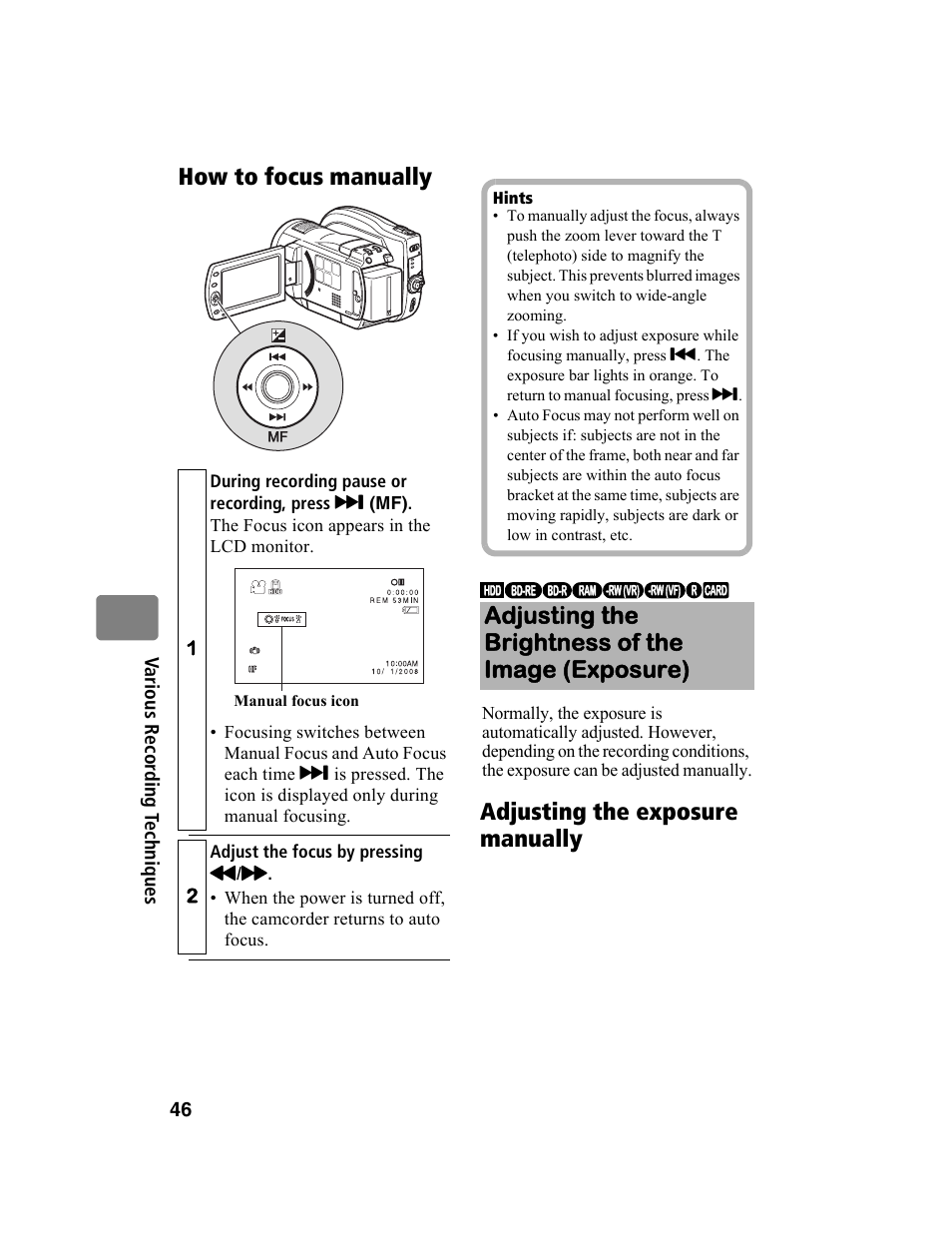 Adjusting the brightness of the image (exposure) | Hitachi DZ-BD10HA User Manual | Page 46 / 121