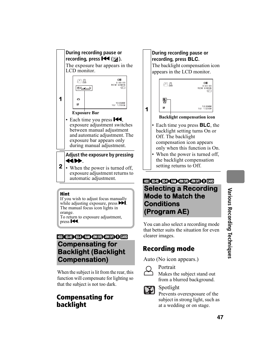 Compensating for backlight recording mode | Hitachi DZ-BD10HA User Manual | Page 47 / 121