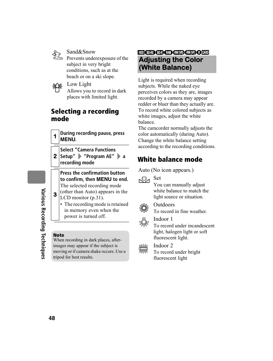 Selecting a recording mode white balance mode, Adjusting the color (white balance) | Hitachi DZ-BD10HA User Manual | Page 48 / 121