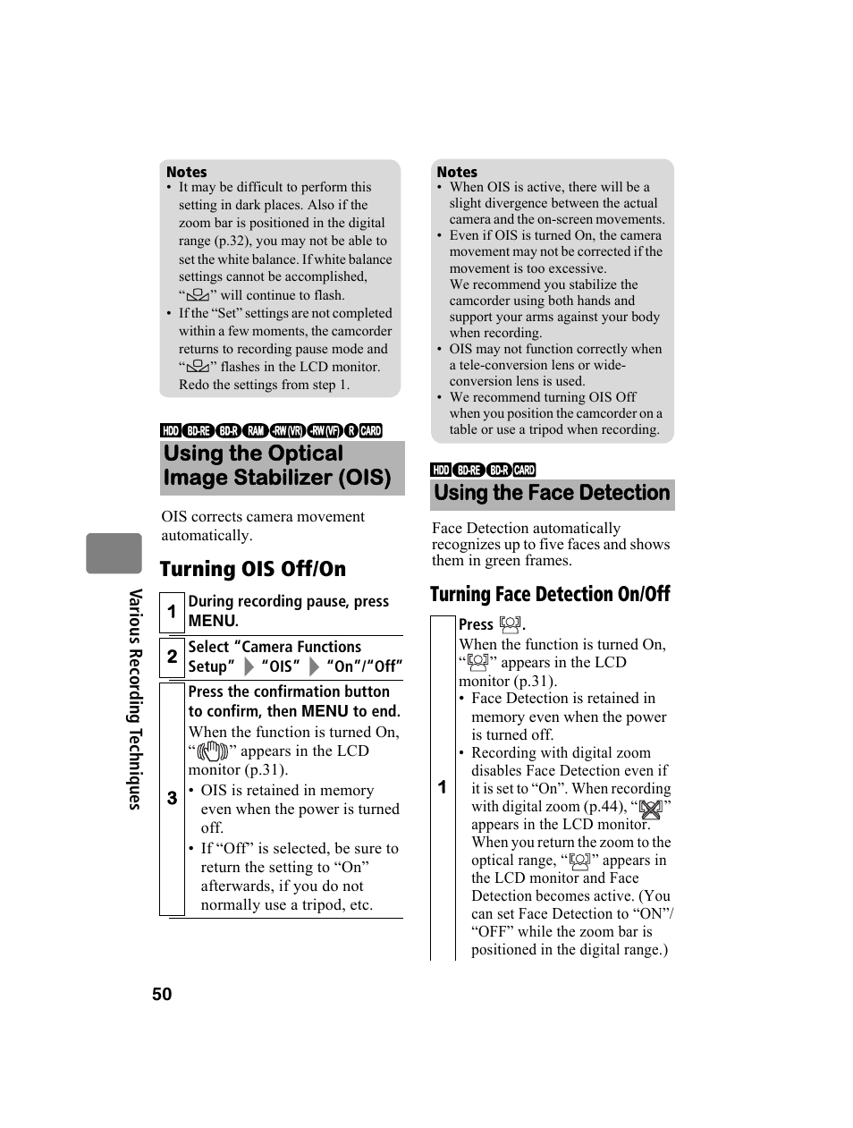 Using the face detection | Hitachi DZ-BD10HA User Manual | Page 50 / 121