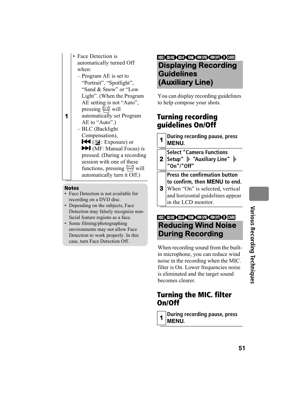 Displaying recording guidelines (auxiliary line), Reducing wind noise during recording | Hitachi DZ-BD10HA User Manual | Page 51 / 121