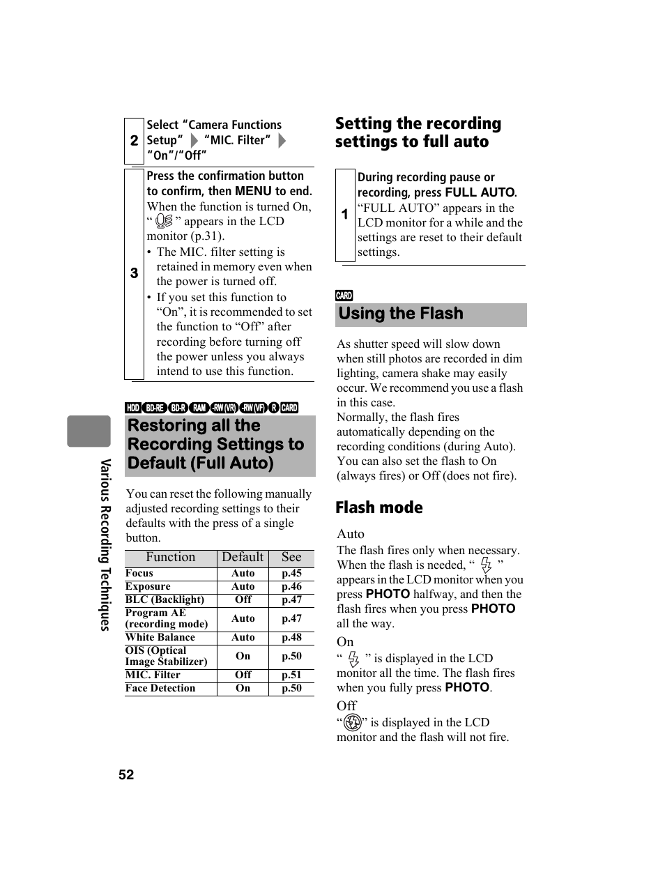 Using the flash | Hitachi DZ-BD10HA User Manual | Page 52 / 121