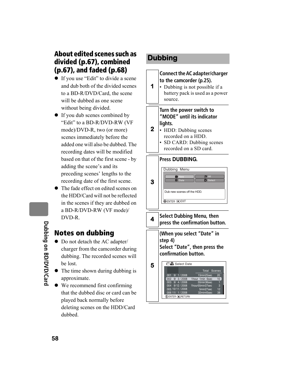 Dubbing, 58 du bbi ng on b d /d v d /c ar d, Press dubbing | Hitachi DZ-BD10HA User Manual | Page 58 / 121