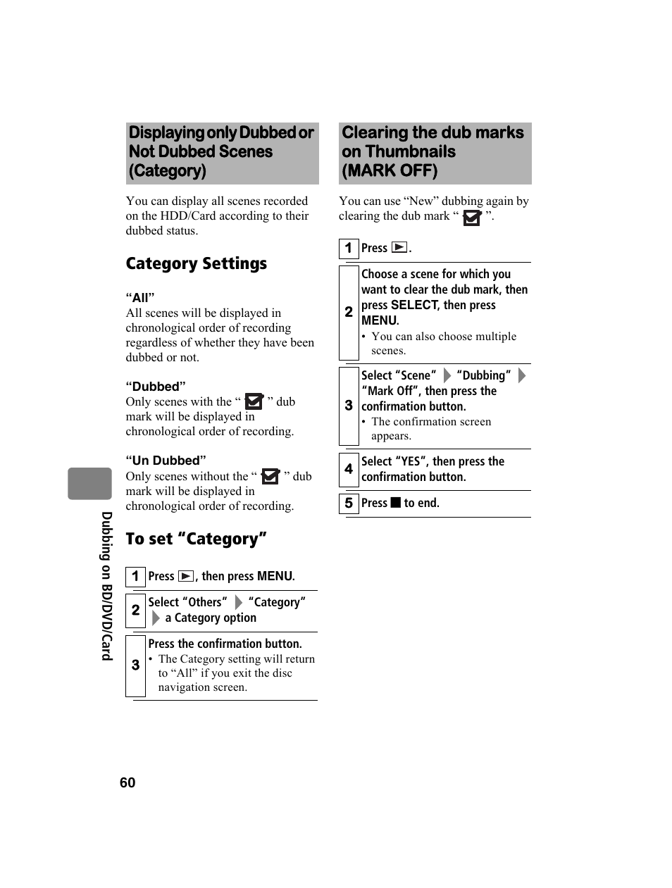 Category settings, Clearing the dub marks on thumbnails (mark off) | Hitachi DZ-BD10HA User Manual | Page 60 / 121