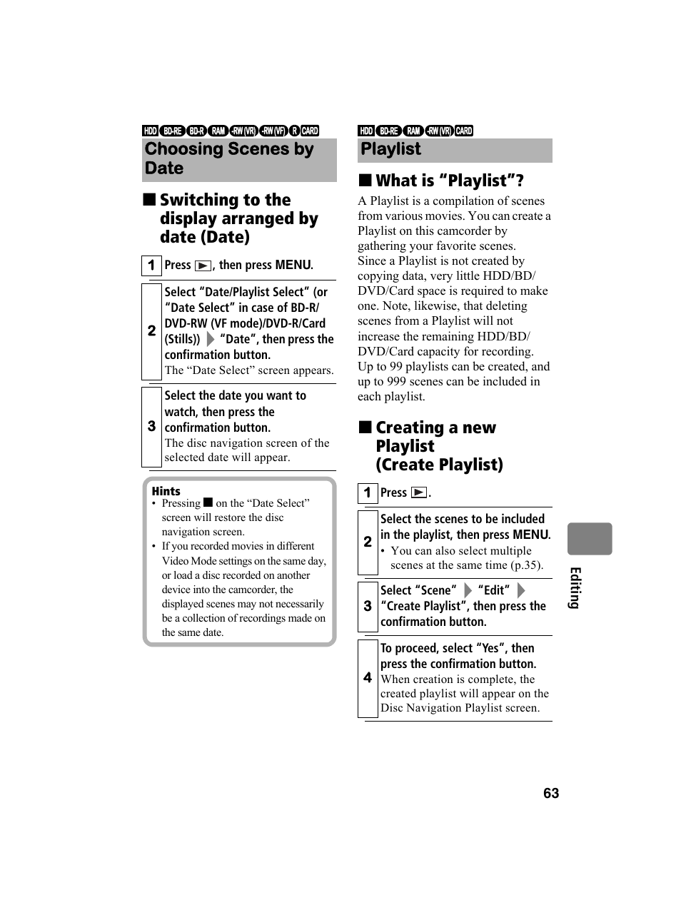 Playlist | Hitachi DZ-BD10HA User Manual | Page 63 / 121