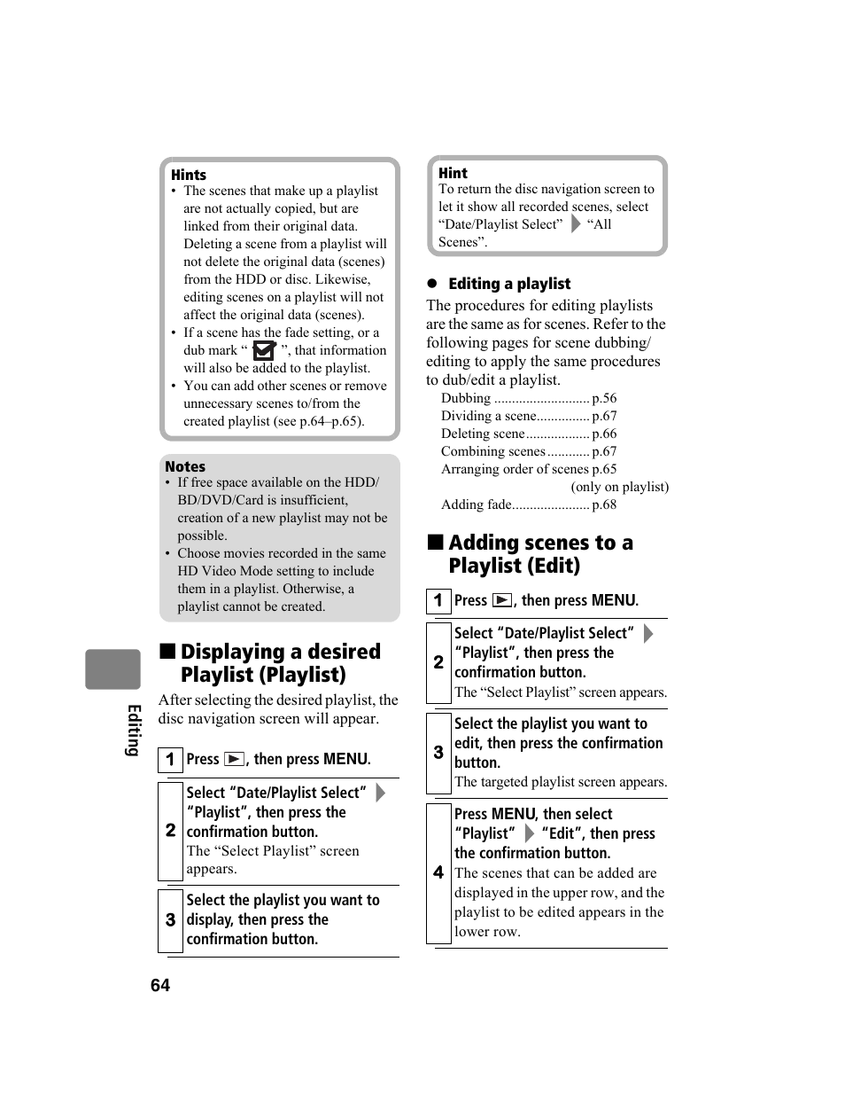 Displaying a desired playlist (playlist), Adding scenes to a playlist (edit) | Hitachi DZ-BD10HA User Manual | Page 64 / 121