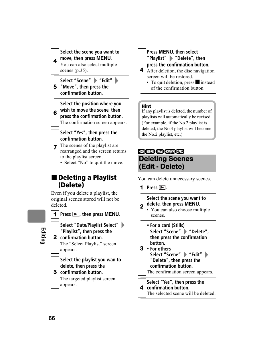 Deleting a playlist (delete), Deleting scenes (edit - delete) | Hitachi DZ-BD10HA User Manual | Page 66 / 121